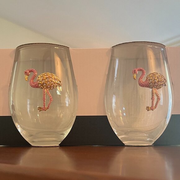 NWT Rachel Zoe Set of Two Pink Rhinestone Flamingo Stemless Wine (2) - Picture 1 of 3